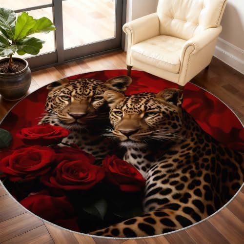 Leopard Round Area Rug - 2.6ft Washable Cheetah Print Round Rug for Kitchen, Animal Floral Circle Rugs Soft Non-Slip Carpet for Bathroom Entryway Decor Mat