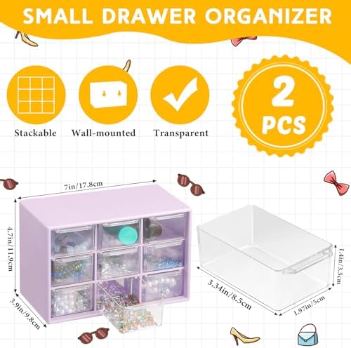 Wenqik 2 Pcs Mini Storage Drawers with 9 Clear Drawers, Purple