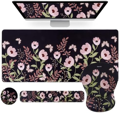 Petmolico Desk Pad Set with Wrist Rest for Keyboard & Mouse, Mint Flower