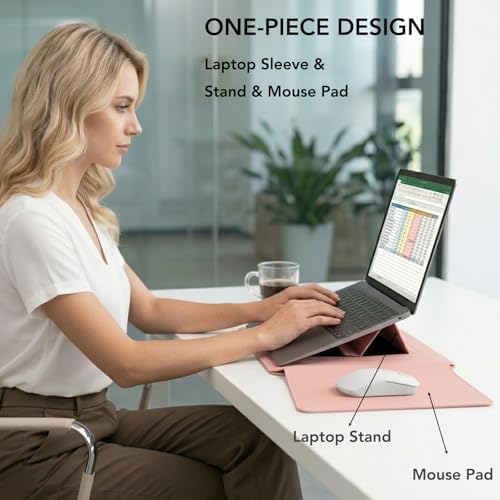 4-in-1 Laptop Sleeve with Stand and Mouse Pad, Faux Leather Protective Case with Accessory Pouch for 15-16 Inch Laptops, Pink