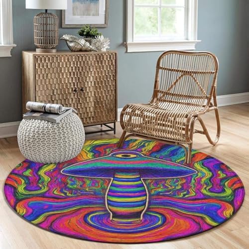 Machine Washable Modern Round Area Rug, Room Sofa Yoga Soft Round Carpet, Home Decor Non Slip Kitchen Office Circle Rug Trippy Mushroom Rainbow Tie Dye Art, 36inch