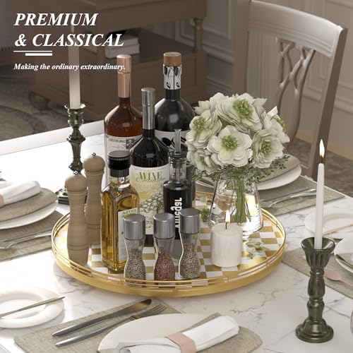 Gold and White Checkerboard Lazy Susan with Rubberwood Base and Metal Rail