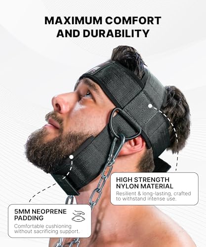 DMoose Fitness Neck Harness for Weight Lifting - Soft Padded Head & Chin Strap with 30" Heavy Duty Steel Chain - Neck Exerciser, Trainer & Strengthener to Support Injury Recovery and Intense Workouts