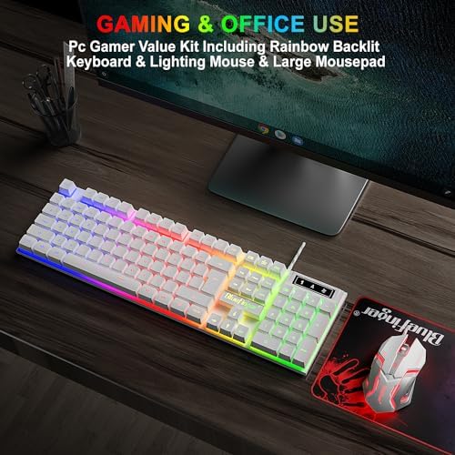BlueFinger RGB Gaming Keyboard and Backlit Mouse Combo, USB Wired, LED Gaming Set for Laptop PC Computer Game and Work(White)