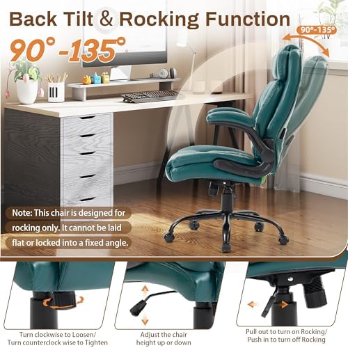 Massage Office Chair,500LBS Ergonomic Rocking Executive Desk Chairs with 4 Points Vibration&Heat,Padded Flipup Armrests for Big and Tall Office Chair,Swivel Computer Chair DarkGreen