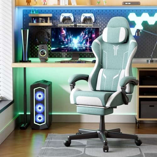 Ferghana Fabric Ergonomic Gaming Chair, High Back Computer Chair with Footrest and Linkage Armrest, Office Video Game Chair with Massage Lumbar Support for Adult, Green/White