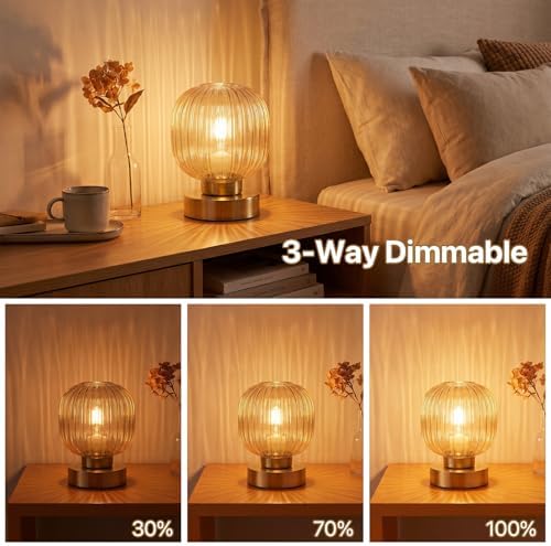 Elenhome Amber Touch Glass Table Lamp, 3-Way Dimmable Bedside Lamp, Vintage Mid-Century Modern Small Nightstand Lamp for Bedroom and Living Room, Ambient Mood Lighting, LED Bulb Included
