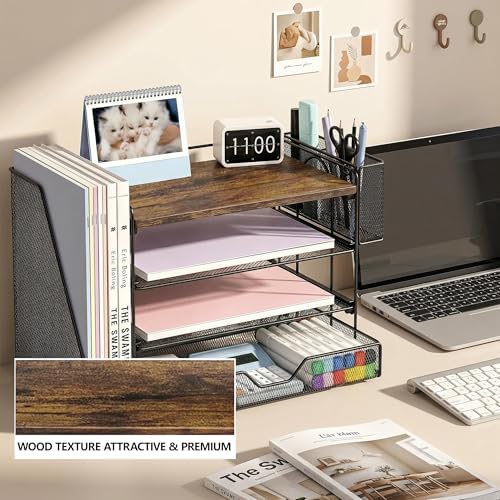 OPNICE Desk Organizer, 4-Tier Desktop File Organizer with Drawer and Pen Holders, Office Desk Accessories, File Sorters, Workspace Organizers for Office Supplies(Wood)