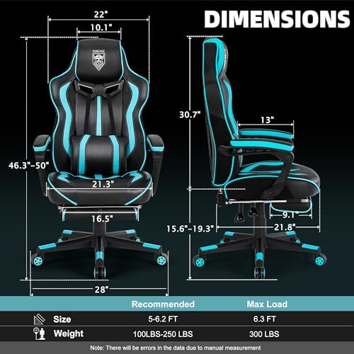 Vonesse Gaming Chairs for Adults, Gaming Chairs with Footrest and Massage, Reclining Computer Chair for Heavy People,Big and Tall Ergonomic Gamer Chair with Lumbar Pillow(Teal/Cyan)