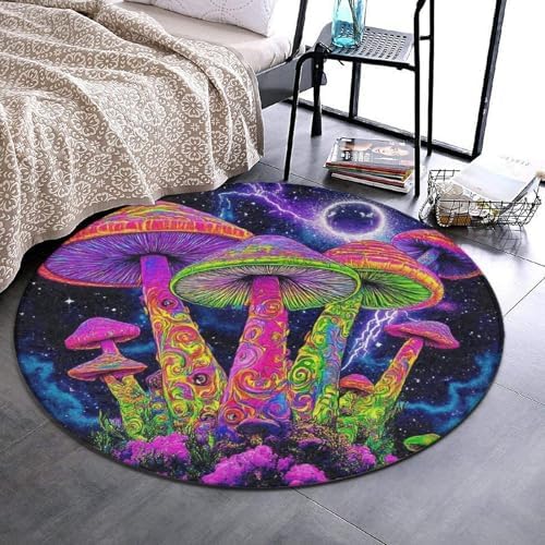 Home Decor Non Slip Kitchen Office Circle Rug, Machine Washable Modern Round Area Rug, Room Sofa Yoga Soft Round Carpet Magic Mushrooms Trippy Galaxy Space Art, 24inch