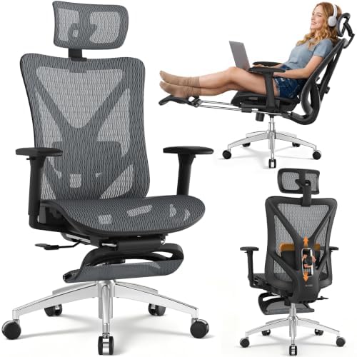 GABRYLLY Ergonomic Office Chair with Adjustable Lumbar Support, 3D Armrests & Headrest, 135° Reclining Chair with Footrest & Large Steel Base,300LBS Swivel Desk Chair - GYMN01-DG