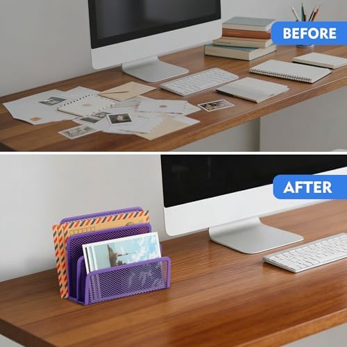 EASEPRES Desk Mail Organizer, Office Small Desktop Metal Mesh Envelope Letter Sorter Paper File Holder Organizer with 3 Vertical Upright Compartments, Purple 2 Pack