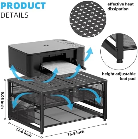 Marbrasse Metal Printer Stand for Desk with Storage Drawer and 2 Pen Holders, 2-Tier Desktop Organizer Printer Table for Home Office, Multi-Purpose Desk Organizer for Fax Machine Scanner Files(Black)