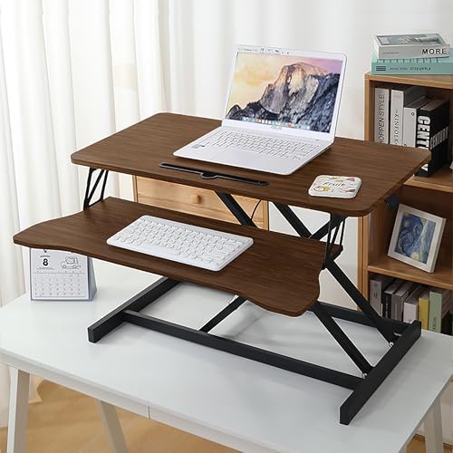 32 Inch Desk Converter, Height Adjustable Sit to Stand Riser, Dual Monitor and Laptop Workstation with Wide Keyboard Tray Xmas,Gift for Mother's Day (Black,Walnut)