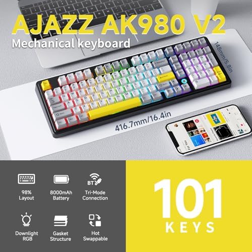 NACODEX Ajazz AK980 V2 Grey Yellow Wireless Mechanical Gaming Keyboard,Tri-Mode BT5.0/2.4GHz/USB-C Hot Swappable Custom RGB Backlit Computer Gaming Keyboards for PC/Tablet/PS/Xbox