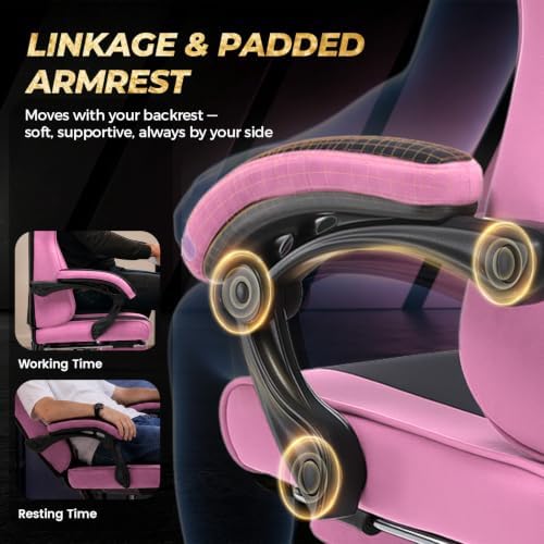GTPLAYER Video Gaming Chair Fabric, Ergonomic Computer Chair with Footrest and Pocket Spring Cushion, Height Adjustable Video Gamer Chair with Lumbar Support for Adults, Pink