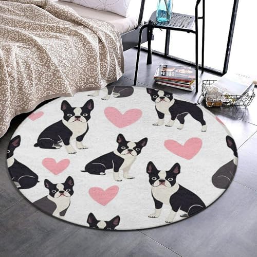 Large Home Decor Mat, Soft Round Yoga Carpet, Non Slip Machine Washable Kitchen Office Circle Rug Boston Terrier Bulldog
