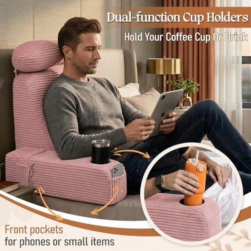 Reading Pillow/Backrest Pillow with Arms, Cup Holder & Phone Pocket