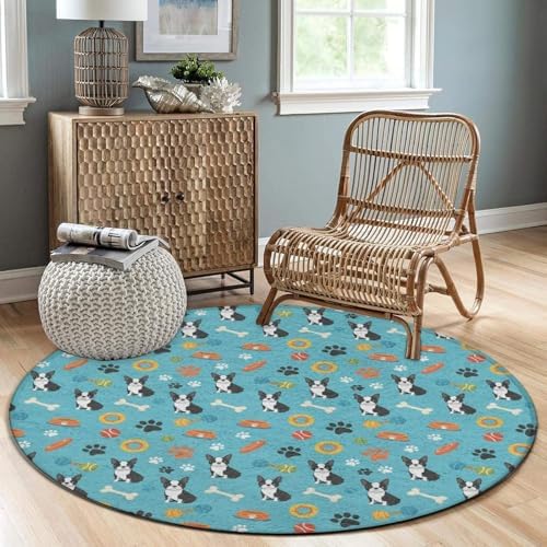 Large Home Decor Mat, Soft Round Yoga Carpet, Non Slip Machine Washable Kitchen Office Circle Rug Boston Terrier Dogs, 24inch
