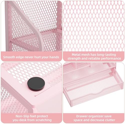 Marbrasse Mesh Desk Organizer with Drawer, Multi-Functional Pencil Organizer, 12 Compartments, Pink, Modern, Minimalist