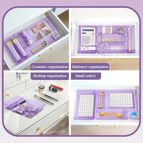 Kitchen Desk Drawer Organizers Storage for Office, Small Acrylic Vanity Trays Makeup Organizer for Drawer Bathroom Plastic Make up Organizers 25 Pcs Clear Purple