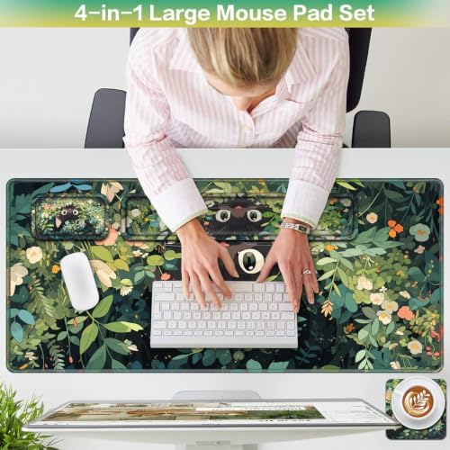 Desk Mat Anime, Mouse Pad with Wrist Rest, 4-in-1 Cat Desk Pad