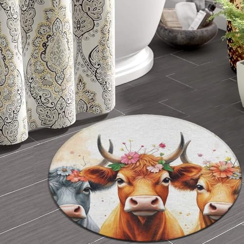 Fashion Round Area Rug Large Non Slip Carpet, Cute Highland Cow Family Unisex Home Decor Mat