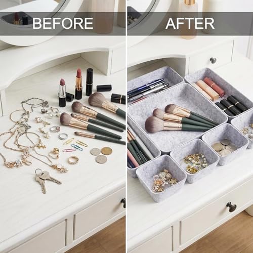 Felt Desk Drawer Organizer, 8pcs Shallow Storage Trays Bins, Office Accessories Box Inserts College Jewelry & Makeup Boxes Containers(Grey)