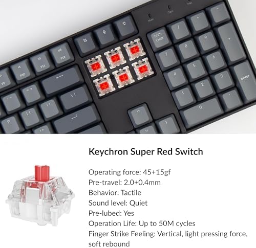 Keychron K10 Full Size 104 Keys Bluetooth Wireless Mechanical Gaming Keyboard for Mac Windows with Keychron Super Red Switch, Multitasking/White LED Backlight/USB C Wired Computer Keyboard