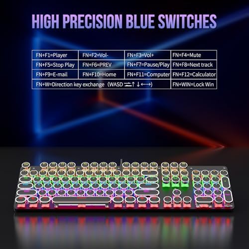 Typewriter Mechanical Gaming Keyboard with RGB Backlit Red Switches, 104 Keys Retro Round Keycap, Wired Typewriter Style Comfortable Typing Soud (L-Black)