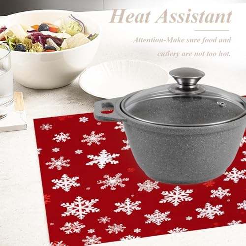 Shrahala Christmas White Snowflakes Set of 8 12 X 18 Inch Linen Placemats, Red Background Cute Burlap Table Mat Washable Double Layered Heat Insulation for Indoor/Outdoor