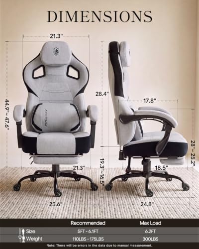 Dowinx Big and Tall Gaming Chair with Footrest, Light Gray