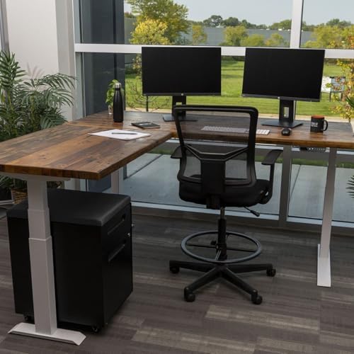 Stand Up Desk Store Reclaimed Wood Electric L-Shaped Corner Standing Desk with EZ Assemble Frame (White Frame/Natural Fir Top, 71" W x 71" D)