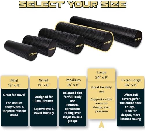 Foam Roller for Muscle Massage, Stiff Back Pain Relief, Physical Therapy, Deep Tissue, Exercise Equipment for Home Gym, Stress, Yoga, Pilates for the Fit Citizen (Black, Large 24 x 6 Inches)
