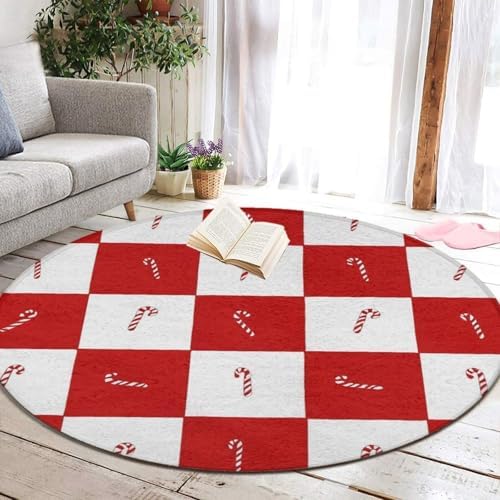 Fashion Round Area Rug Large Non Slip Carpet, Candy Cane Red Checkered Christmas Unisex Home Decor Mat