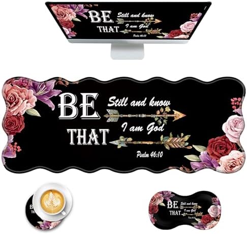 Mouse Pad with Wrist Support + Desk Mat + Coaster 3 in 1 Set, XL Large Gaming Mousepad Ergonomic Mouse Pads for Desk Computer Laptop Office,Bible Verse Psalm 46-10 Adorable Peony Flower