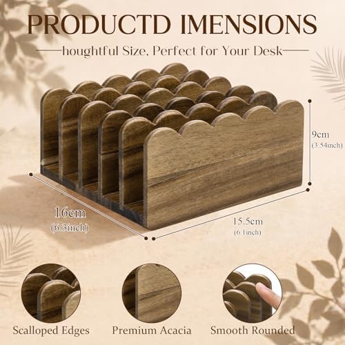 Novabright Acacia Wood Mail Organizer for Desk, 5 Slot Scalloped Letter Sorter, Vertical Countertop Mail Holder for Home Office Bill Envelope Document Organization, No Assembly Required