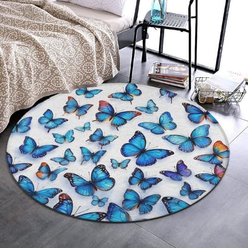 Soft Round Yoga Carpet, Large Home Decor Mat, Non Slip Machine Washable Kitchen Office Circle Rug Blue Butterfly Art