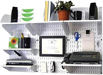 Wall Control Office Organizer Unit Wall Mounted Office Desk Storage and Organization Kit White Slotted Wallboards and White Accessories