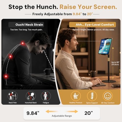 Tablet Stand for Desk, Height Adjustable 9.8-20" iPad Stand Holder with Dual Device Support, Heavy Duty Metal Base 360° Rotation Portable Monitor Stand for iPad Pro Samsung Tab Kindle Phone