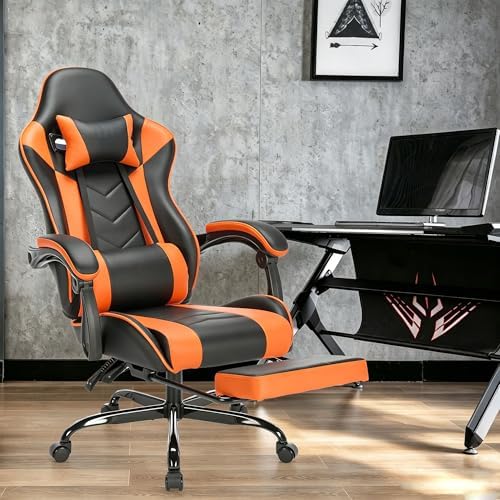 Big and Tall Gaming Chair with Footrest, Ergonomic Computer Desk Chair with Lumbar Support & Headrest, High Back PU Leather Gaming Office Chair, Reclining Swivel Task Chair for Office or Gaming
