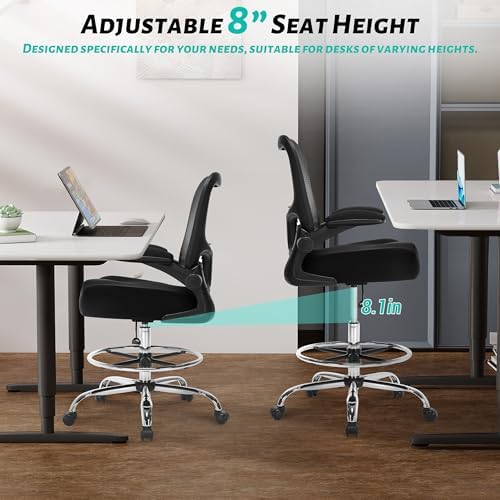 500LBS Ergonomic Drafting Chair Tall Office Chair for Counter Height or Standing Desk, Executive High Office Chairs with W-Shaped Thick Seat Cushion, Footrest Ring & Breathable Fabric, Black