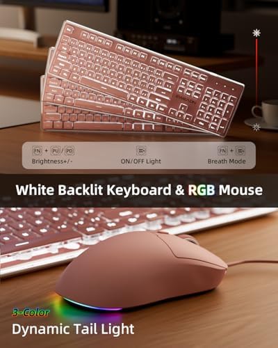 Wired Keyboard and Mouse Combo, White Backlit with Detachable Wrist Rest