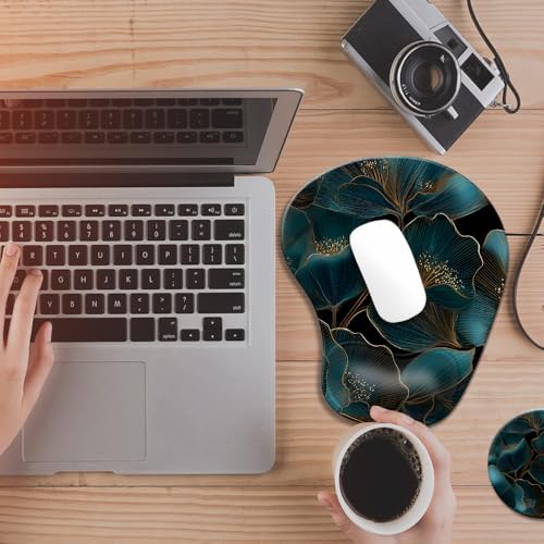 Ergonomic Mouse Pad with Wrist Rest,Comfortable Computer Gel Mouse Pad Wrist Support for Laptop,Pain Relief Mousepad with Non-Slip PU Base Gold Green Plants