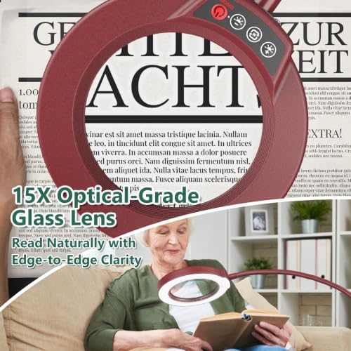 15X Magnifying Glass with Light and Stand, Optical Grade Real Glass Lens, 5 Color Modes, Stepless Dimmable, 24" Flexible Gooseneck 3-in-1 Floor Lamp, LED Lighted Magnifier Hands Free for Hobby - Red