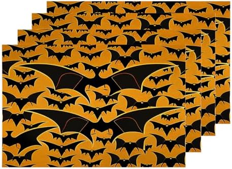 Shrahala Happy Halloween Funny Set Of 4 12 X 18 Inch Linen Placemats , Bats Cute Yellow Background Burlap Table Mat Washable Double Layered Heat Insulation For Indoor/Outdoor