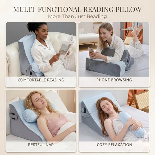 Reading Pillow for Adults, Back Pillow for Bed Sitting Up, Backrest Pillow for Sitting in Bed, Detachable Arms with Built-in Cup & Phone Caddy (White Cooling - Polka, 19 INCH)