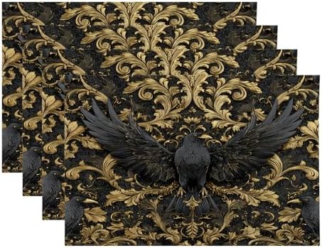 Damascus Raven Gold Placemats, Gold Black Baroque Raven Pattern Place Mats for Dining/Kitchen Table Waterproof Washable Linen Heat Insulation Dinner Table Mats 12x18 in 4 PCS