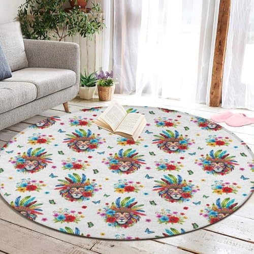 Large Machine Washable Circular Rugs, Home Decor Round Mat for Living Room Sofa Office Colorful Lion Flowers Floral White Art, 24inch
