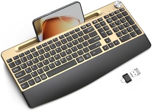 JOYACCESS Ergonomic Wireless Keyboard with Wrist Rest, Phone/Tablet Holder,Windows & Mac OS, 2.4 GHz Wireless, Full-Size,Quiet Keyboard Compatible for Laptop,PC, Mac, Windows -Black Glod